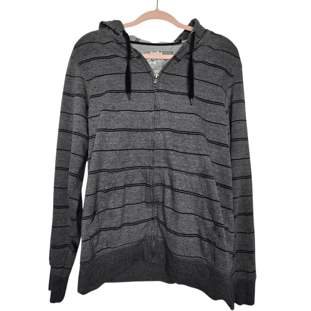Chalc brand, grey and black striped, full-zip hoodie with front pockets